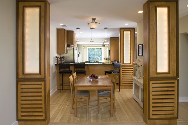 Dining room with oak wood and soft light