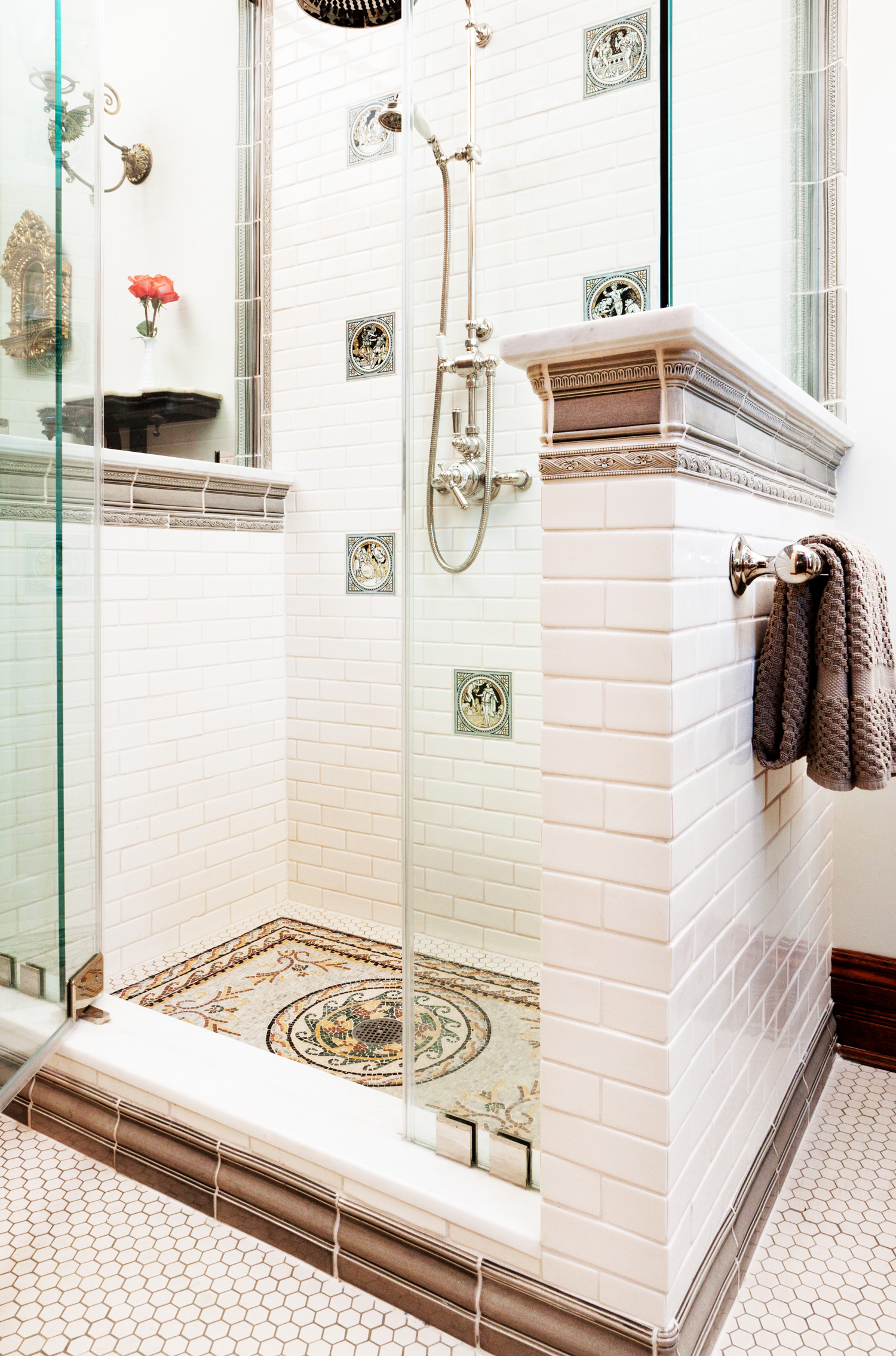 Restored Shower in historic home with custom inset